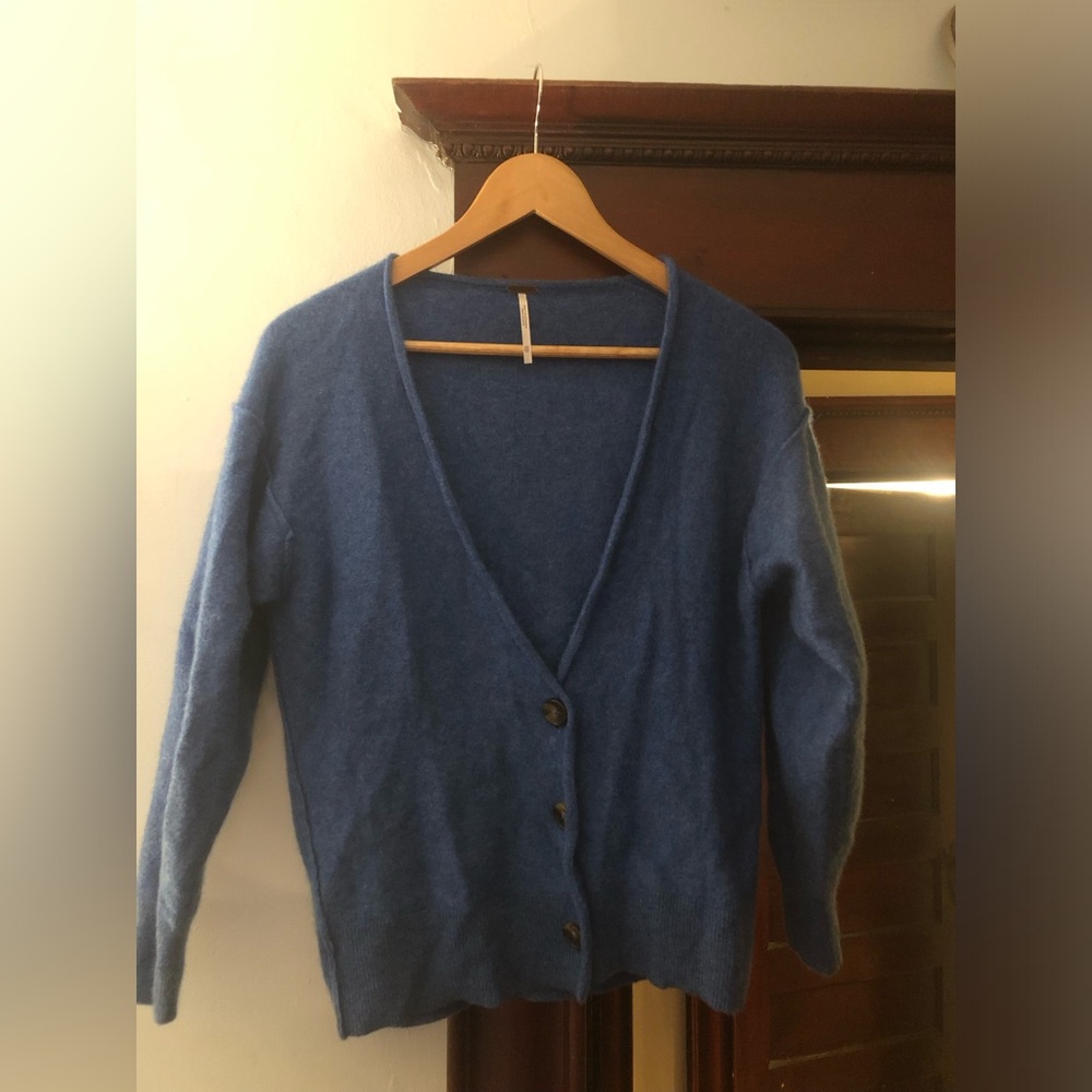 Free People Cashmere Blue V-Neck Button Front Women's Sweater Cardigan